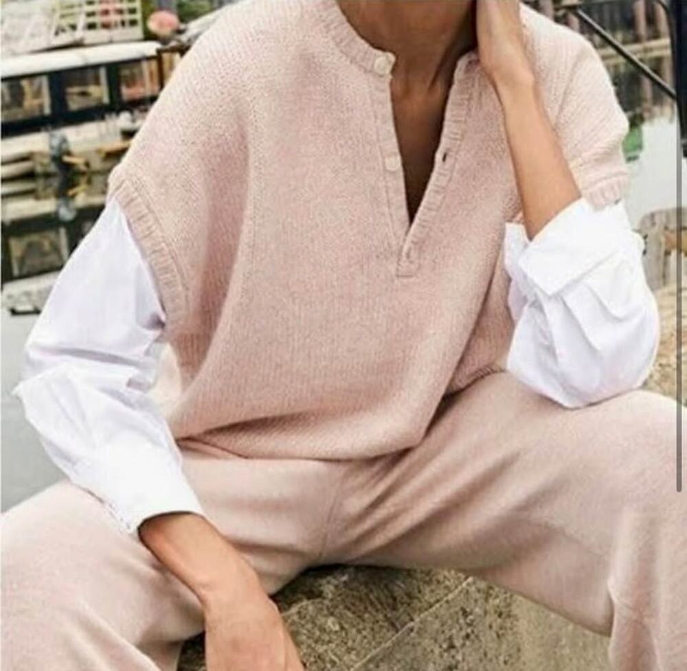 Naadam Cotton/Cashmere Blend Blush Mixed Media Henley Knit Sweater